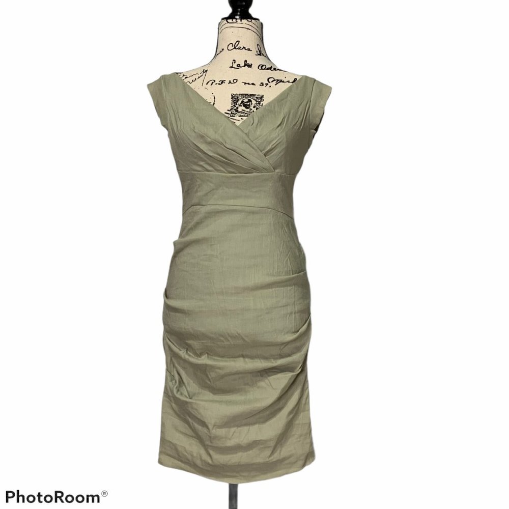 Nicole Miller Linen Blend Khaki Midi Sheath Dress